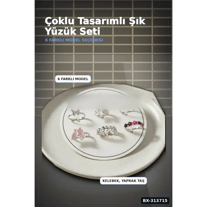 Pirinç 6li Kelebek Detayli Yuzuk Seti - 7-8 Numara Arasi Gumus Renk Bayan Aksesuari BX-313715