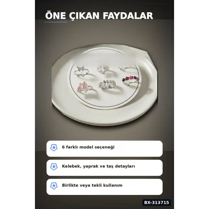 Pirinç 6li Kelebek Detayli Yuzuk Seti - 7-8 Numara Arasi Gumus Renk Bayan Aksesuari BX-313715