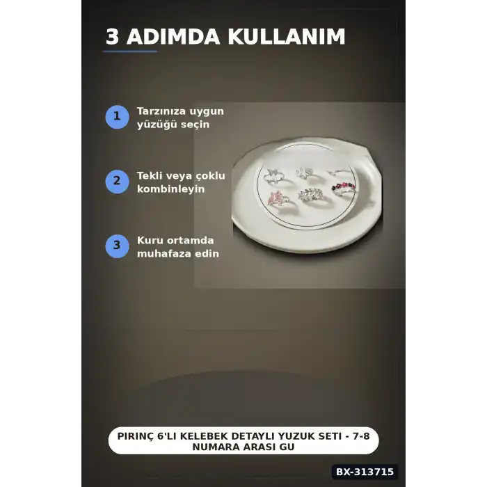Pirinç 6li Kelebek Detayli Yuzuk Seti - 7-8 Numara Arasi Gumus Renk Bayan Aksesuari BX-313715