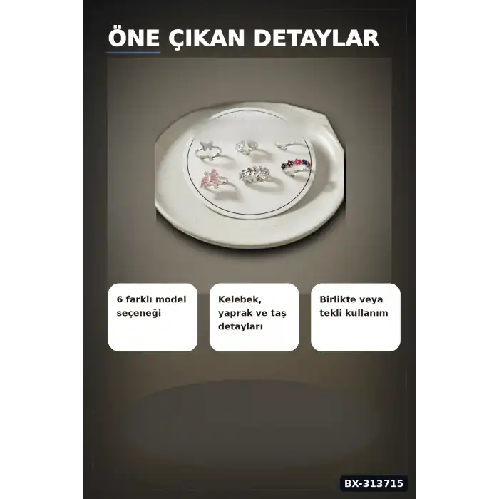 Pirinç 6li Kelebek Detayli Yuzuk Seti - 7-8 Numara Arasi Gumus Renk Bayan Aksesuari BX-313715
