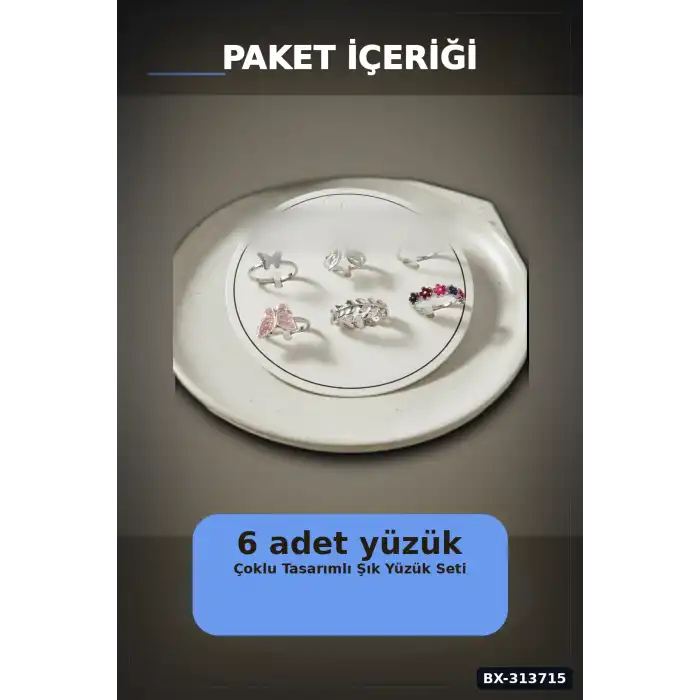 Pirinç 6li Kelebek Detayli Yuzuk Seti - 7-8 Numara Arasi Gumus Renk Bayan Aksesuari BX-313715
