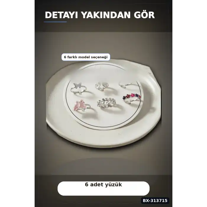 Pirinç 6li Kelebek Detayli Yuzuk Seti - 7-8 Numara Arasi Gumus Renk Bayan Aksesuari BX-313715