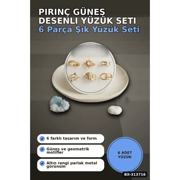 Pirinç Güneş Desenli 6 Adet Yüzük Seti - 7-8 Numara Bayan Takı Hediyelik BX-313716