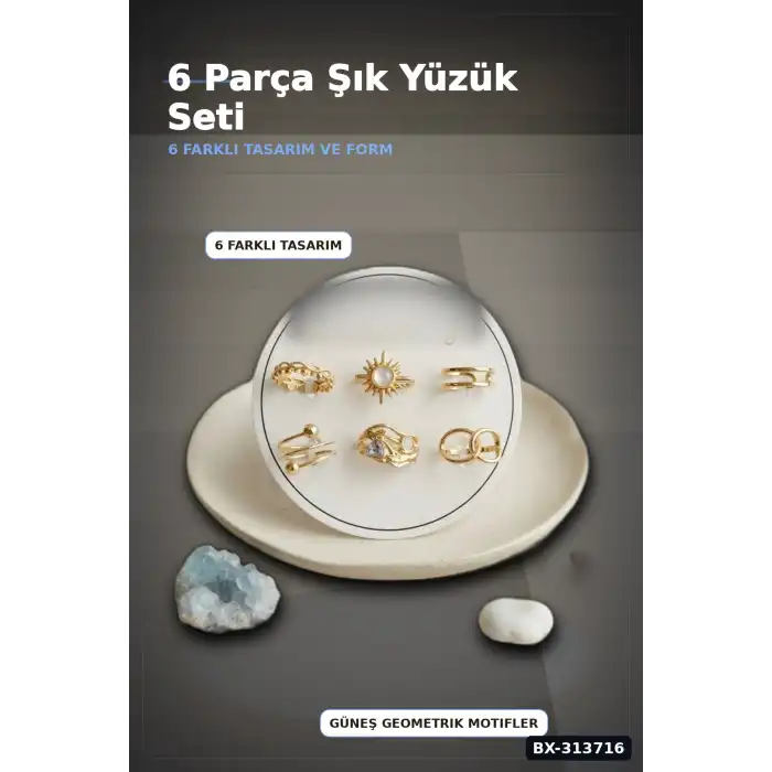 Pirinç Güneş Desenli 6 Adet Yüzük Seti - 7-8 Numara Bayan Takı Hediyelik BX-313716