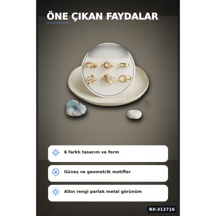 Pirinç Güneş Desenli 6 Adet Yüzük Seti - 7-8 Numara Bayan Takı Hediyelik BX-313716