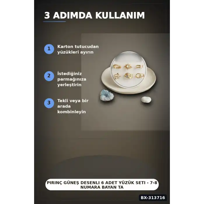 Pirinç Güneş Desenli 6 Adet Yüzük Seti - 7-8 Numara Bayan Takı Hediyelik BX-313716