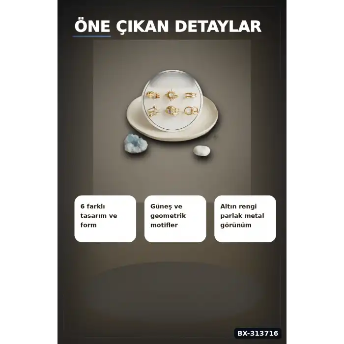 Pirinç Güneş Desenli 6 Adet Yüzük Seti - 7-8 Numara Bayan Takı Hediyelik BX-313716