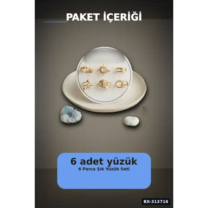 Pirinç Güneş Desenli 6 Adet Yüzük Seti - 7-8 Numara Bayan Takı Hediyelik BX-313716