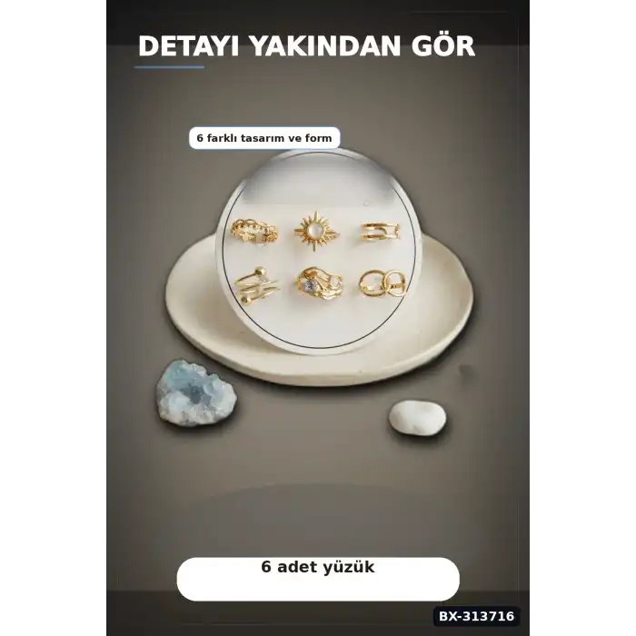 Pirinç Güneş Desenli 6 Adet Yüzük Seti - 7-8 Numara Bayan Takı Hediyelik BX-313716