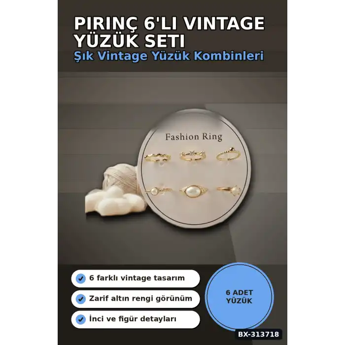 Pirinç 6li Yuzuk Seti 7-8 Numara Adjustable Vintage Stil Bayan Aksesuari BX-313718