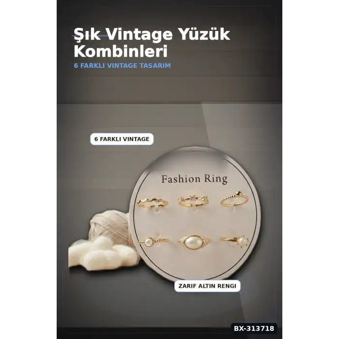 Pirinç 6li Yuzuk Seti 7-8 Numara Adjustable Vintage Stil Bayan Aksesuari BX-313718