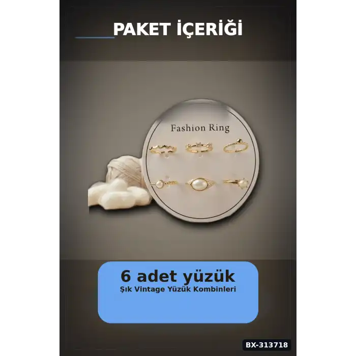 Pirinç 6li Yuzuk Seti 7-8 Numara Adjustable Vintage Stil Bayan Aksesuari BX-313718