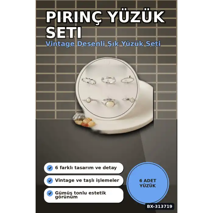 Pirinç 6 Parça Yüzük Seti - Vintage Gümüş Tonlu, 7-8 Numara, Kadın Bijuteri Aksesuar BX-313719