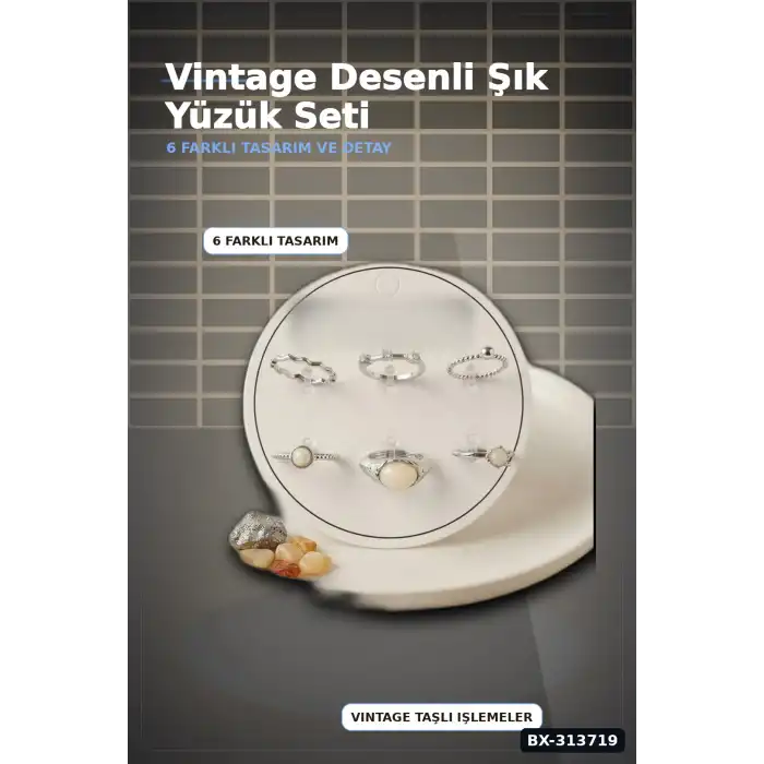 Pirinç 6 Parça Yüzük Seti - Vintage Gümüş Tonlu, 7-8 Numara, Kadın Bijuteri Aksesuar BX-313719