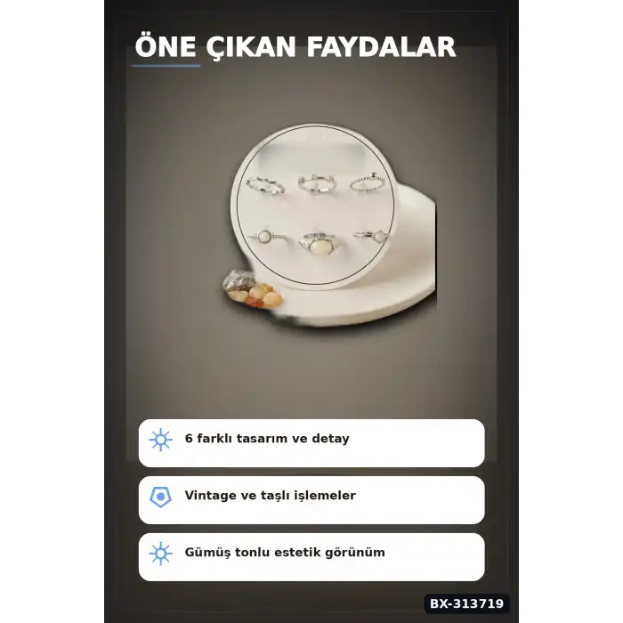 Pirinç 6 Parça Yüzük Seti - Vintage Gümüş Tonlu, 7-8 Numara, Kadın Bijuteri Aksesuar BX-313719