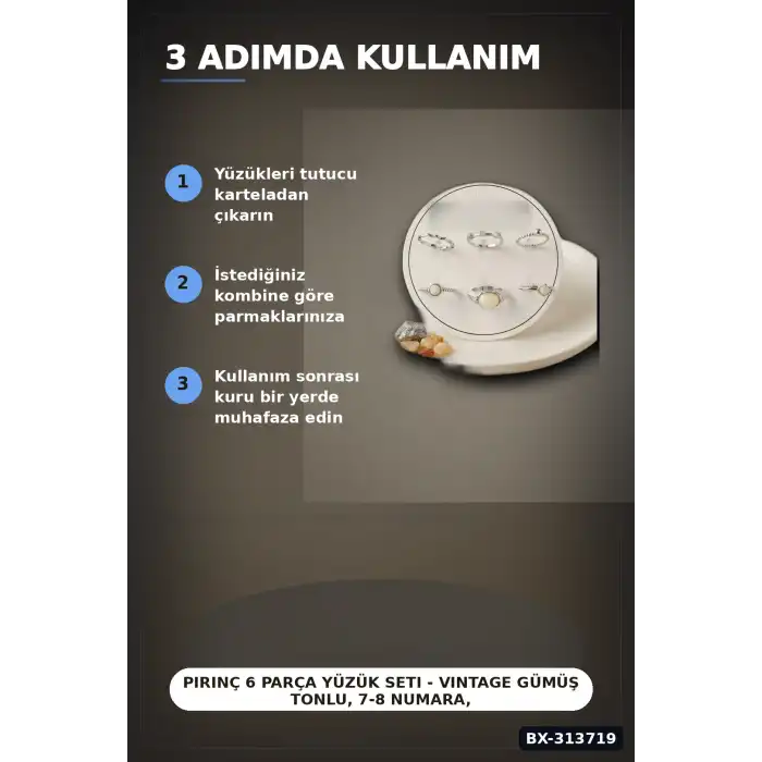 Pirinç 6 Parça Yüzük Seti - Vintage Gümüş Tonlu, 7-8 Numara, Kadın Bijuteri Aksesuar BX-313719