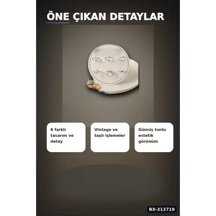 Pirinç 6 Parça Yüzük Seti - Vintage Gümüş Tonlu, 7-8 Numara, Kadın Bijuteri Aksesuar BX-313719