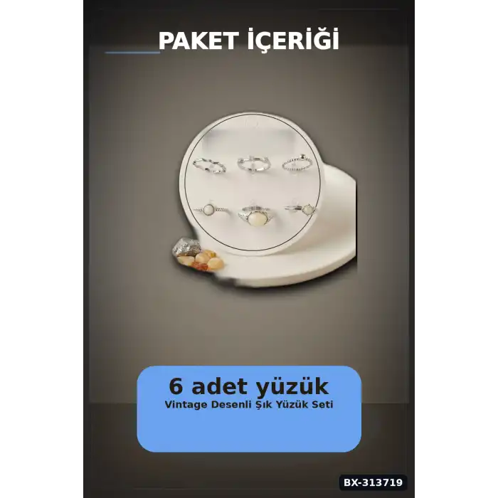 Pirinç 6 Parça Yüzük Seti - Vintage Gümüş Tonlu, 7-8 Numara, Kadın Bijuteri Aksesuar BX-313719