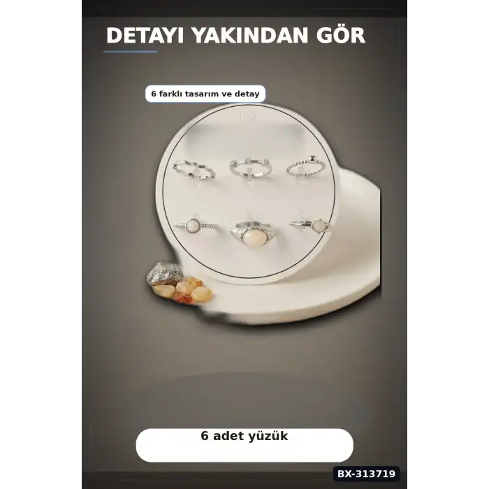 Pirinç 6 Parça Yüzük Seti - Vintage Gümüş Tonlu, 7-8 Numara, Kadın Bijuteri Aksesuar BX-313719