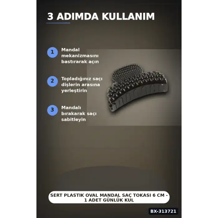 Sert Plastik Oval Mandal Saç Tokası 6 Cm - 1 Adet Günlük Kullanım İçin BX-313721
