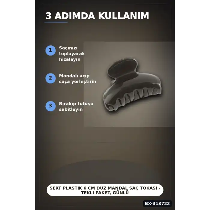 Sert Plastik 6 cm Düz Mandal Saç Tokası - Tekli Paket, Günlük Kullanım BX-313722