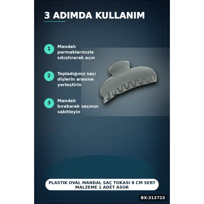 Plastik Oval Mandal Saç Tokası 8 Cm Sert Malzeme 1 Adet Asorti Renk Kullanım BX-313723