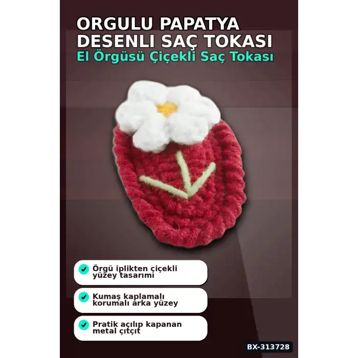 Örgülü 6.5 Cm Metal Papatya Desenli Çıtçıtlı Saç Tokası - El İşi Aksesuar BX-313728