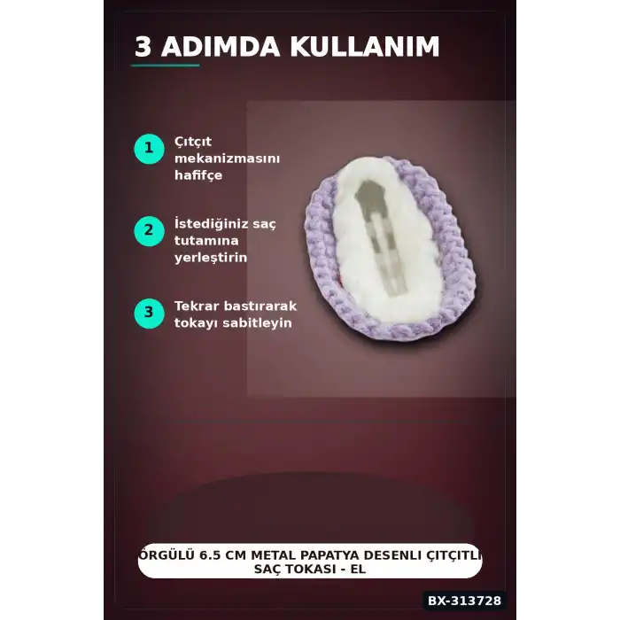 Örgülü 6.5 Cm Metal Papatya Desenli Çıtçıtlı Saç Tokası - El İşi Aksesuar BX-313728