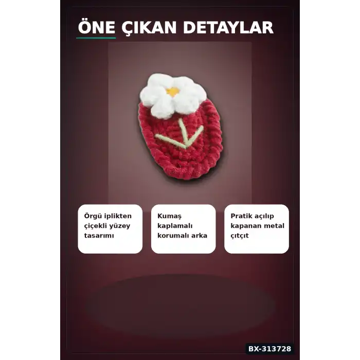 Örgülü 6.5 Cm Metal Papatya Desenli Çıtçıtlı Saç Tokası - El İşi Aksesuar BX-313728