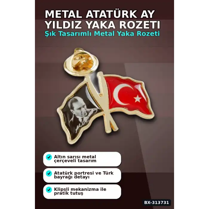 2 cm Metal Atatürk Ay Yıldız Yaka Rozeti - Tekli Paket, Günlük Kullanıma Uygun BX-313731