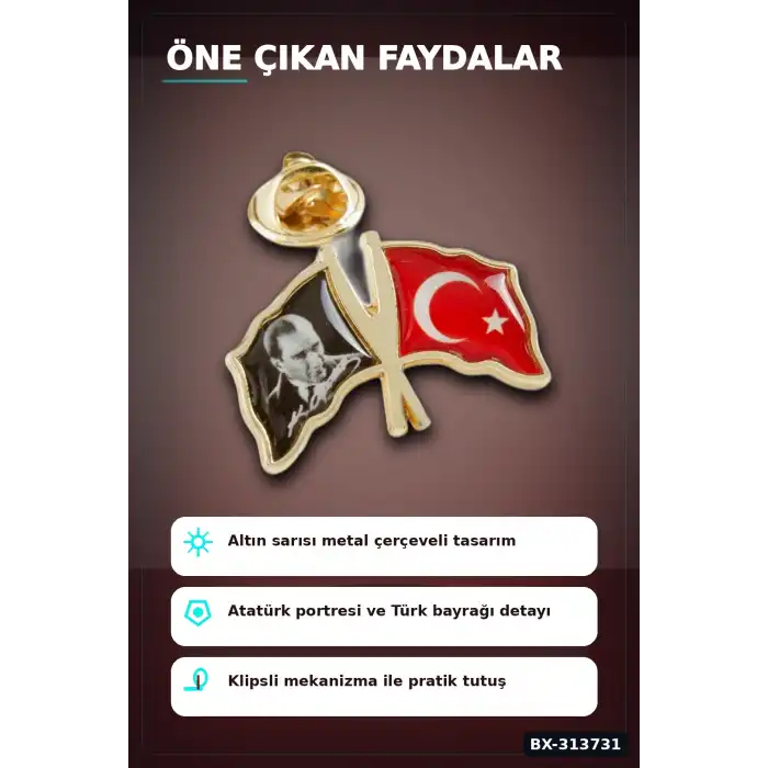 2 cm Metal Atatürk Ay Yıldız Yaka Rozeti - Tekli Paket, Günlük Kullanıma Uygun BX-313731