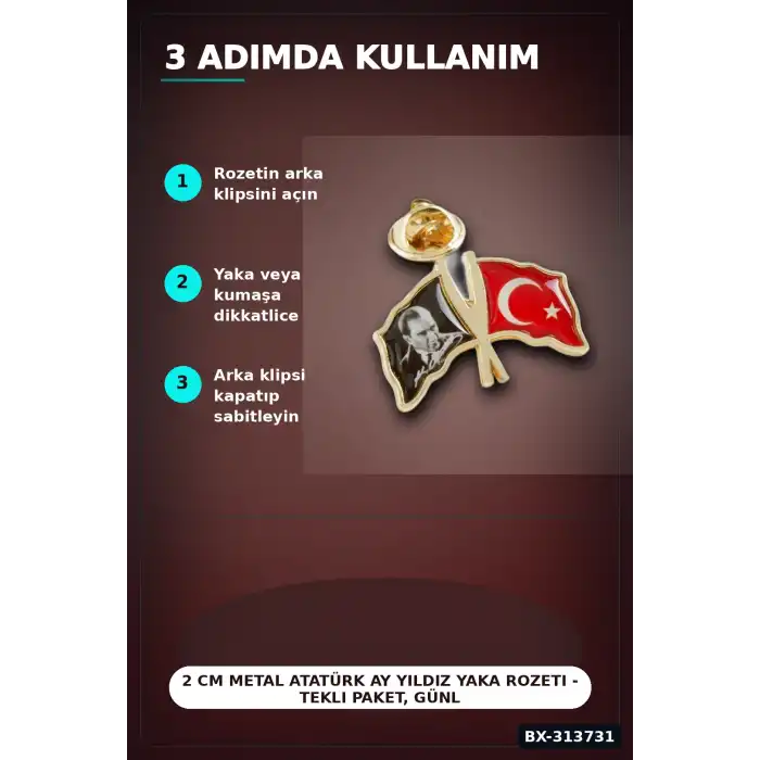 2 cm Metal Atatürk Ay Yıldız Yaka Rozeti - Tekli Paket, Günlük Kullanıma Uygun BX-313731