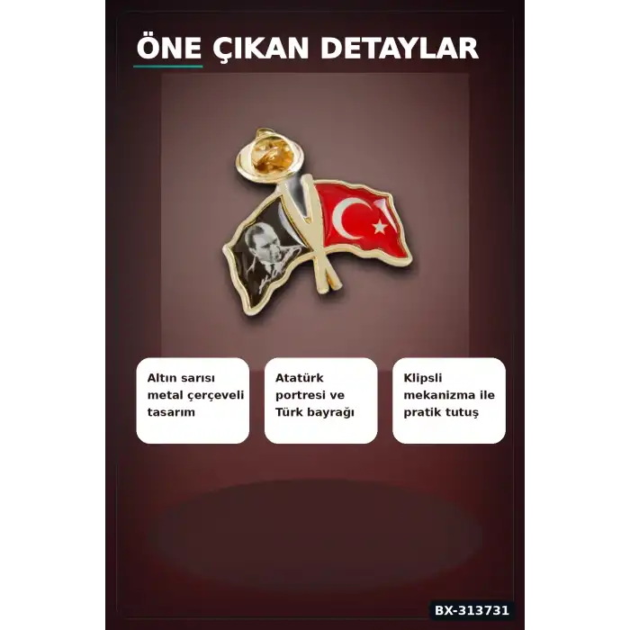 2 cm Metal Atatürk Ay Yıldız Yaka Rozeti - Tekli Paket, Günlük Kullanıma Uygun BX-313731