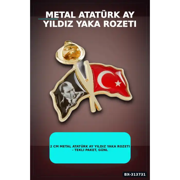 2 cm Metal Atatürk Ay Yıldız Yaka Rozeti - Tekli Paket, Günlük Kullanıma Uygun BX-313731