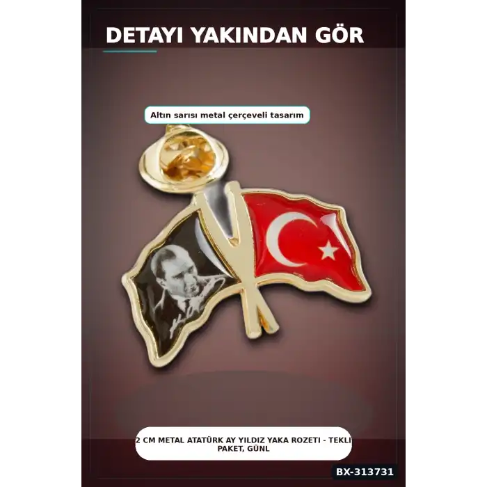 2 cm Metal Atatürk Ay Yıldız Yaka Rozeti - Tekli Paket, Günlük Kullanıma Uygun BX-313731