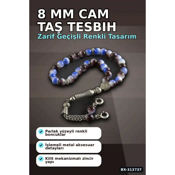 8 Mm Yuvarlak Cam Taş Tesbih - Tonları - 1 Adet Metal Aksesuarlı BX-313737