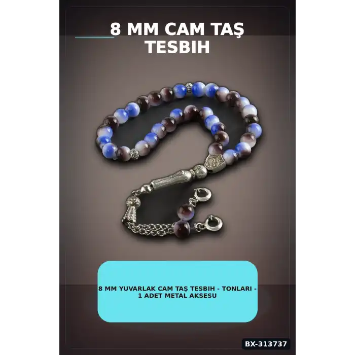 8 Mm Yuvarlak Cam Taş Tesbih - Tonları - 1 Adet Metal Aksesuarlı BX-313737