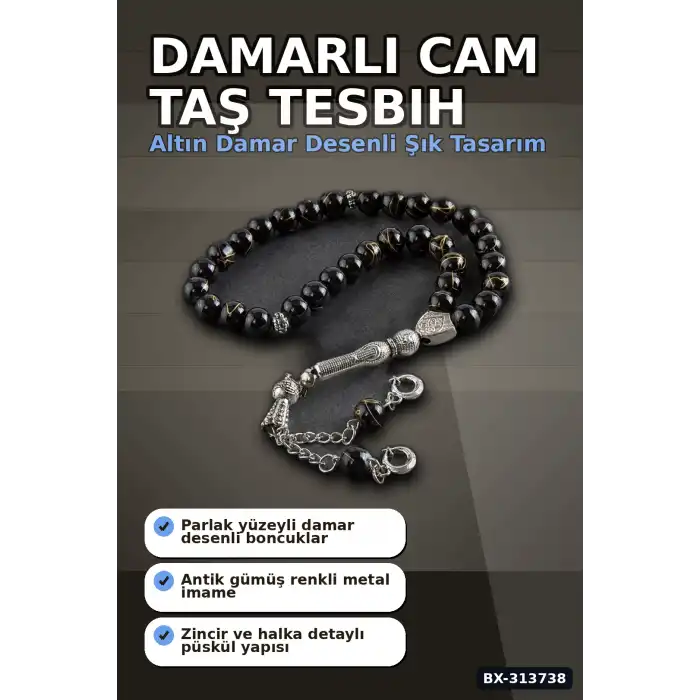 Damarlı Cam Taş Tesbih 8 mm Yuvarlak Boncuk - Asorti Püsküllü Tekli Paket BX-313738