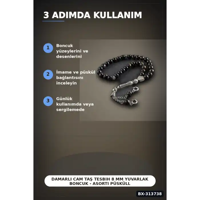 Damarlı Cam Taş Tesbih 8 mm Yuvarlak Boncuk - Asorti Püsküllü Tekli Paket BX-313738