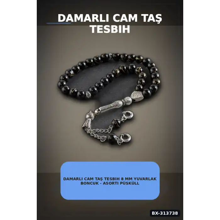Damarlı Cam Taş Tesbih 8 mm Yuvarlak Boncuk - Asorti Püsküllü Tekli Paket BX-313738