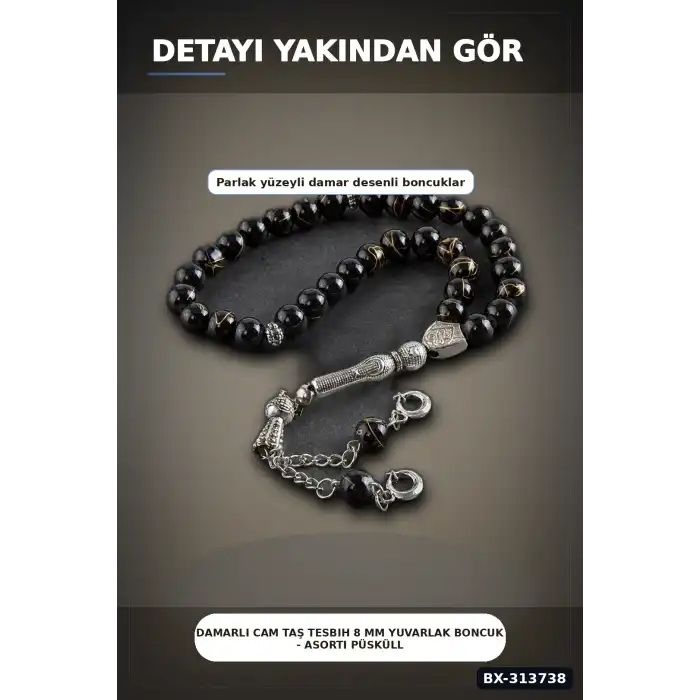 Damarlı Cam Taş Tesbih 8 mm Yuvarlak Boncuk - Asorti Püsküllü Tekli Paket BX-313738