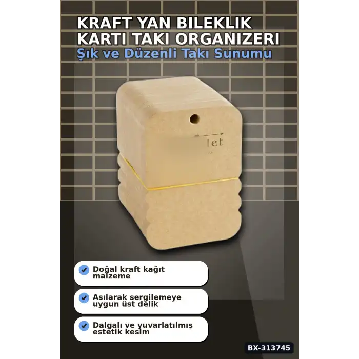 100 Adet Kraft Yan Bileklik Kartı - 7.5x10 cm Toka Boyu, Takı Organizeri BX-313745