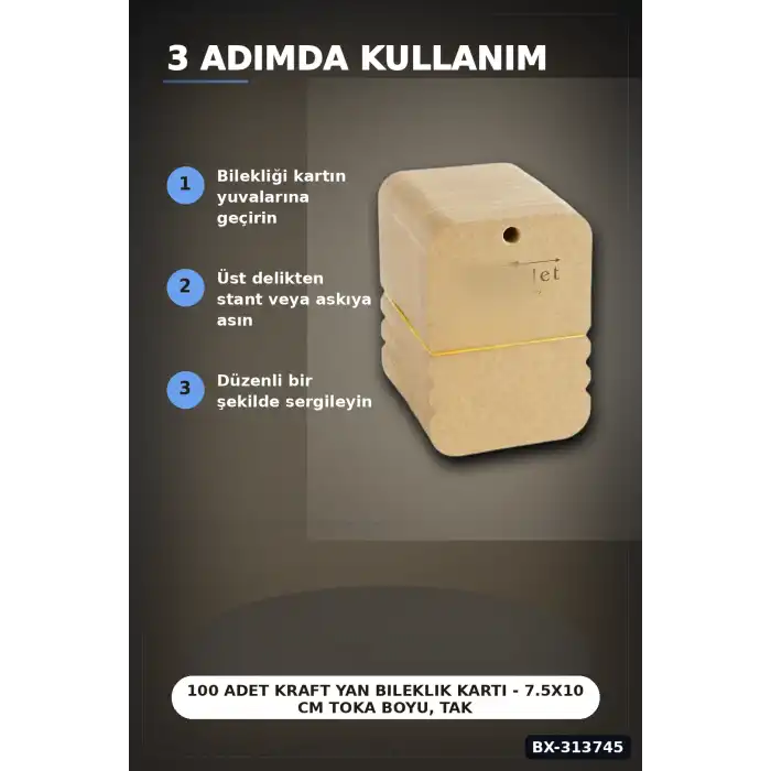 100 Adet Kraft Yan Bileklik Kartı - 7.5x10 cm Toka Boyu, Takı Organizeri BX-313745