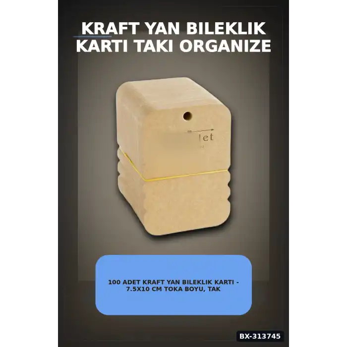 100 Adet Kraft Yan Bileklik Kartı - 7.5x10 cm Toka Boyu, Takı Organizeri BX-313745