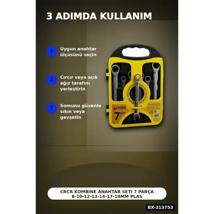 Crcr Kombine Anahtar Seti 7 Parça 8-10-12-13-14-17-19mm Plastik Çantalı BX-313753