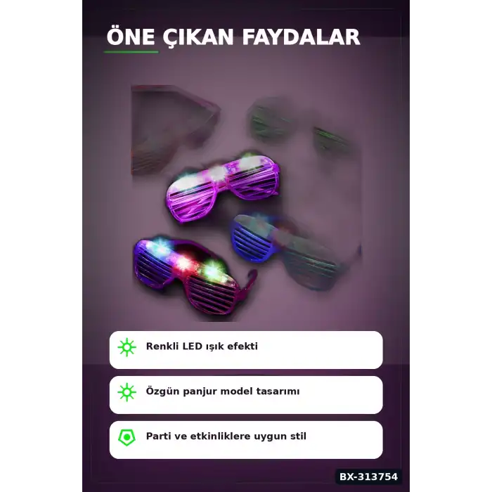 Panjur Led Işıklı Parti Gözlüğü 12li Paket, Yanıp Sönen Renkli Pilli Plastik Aksesuar BX-313754