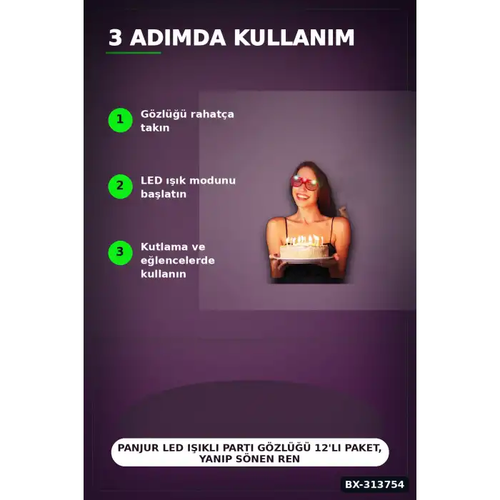 Panjur Led Işıklı Parti Gözlüğü 12li Paket, Yanıp Sönen Renkli Pilli Plastik Aksesuar BX-313754