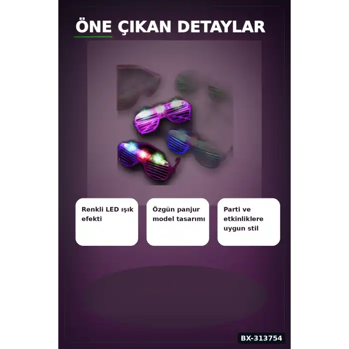 Panjur Led Işıklı Parti Gözlüğü 12li Paket, Yanıp Sönen Renkli Pilli Plastik Aksesuar BX-313754