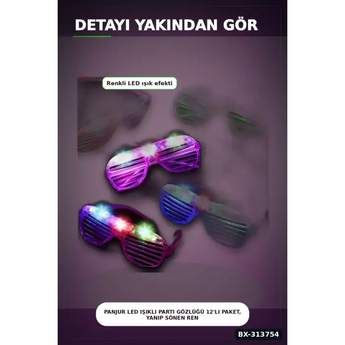 Panjur Led Işıklı Parti Gözlüğü 12li Paket, Yanıp Sönen Renkli Pilli Plastik Aksesuar BX-313754