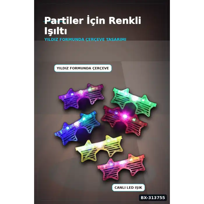 3 Fonksiyonlu Led Işıklı Yıldız Parti Gözlüğü 12 Adet Paket Yetişkin Aksesuarı BX-313755